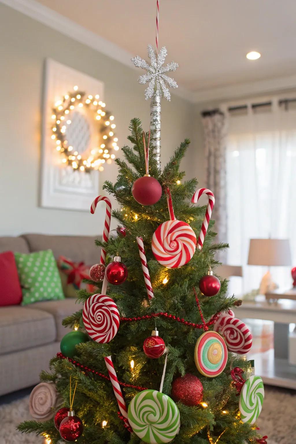 A playful candy land-themed Christmas tree adorned with sweet decorations.