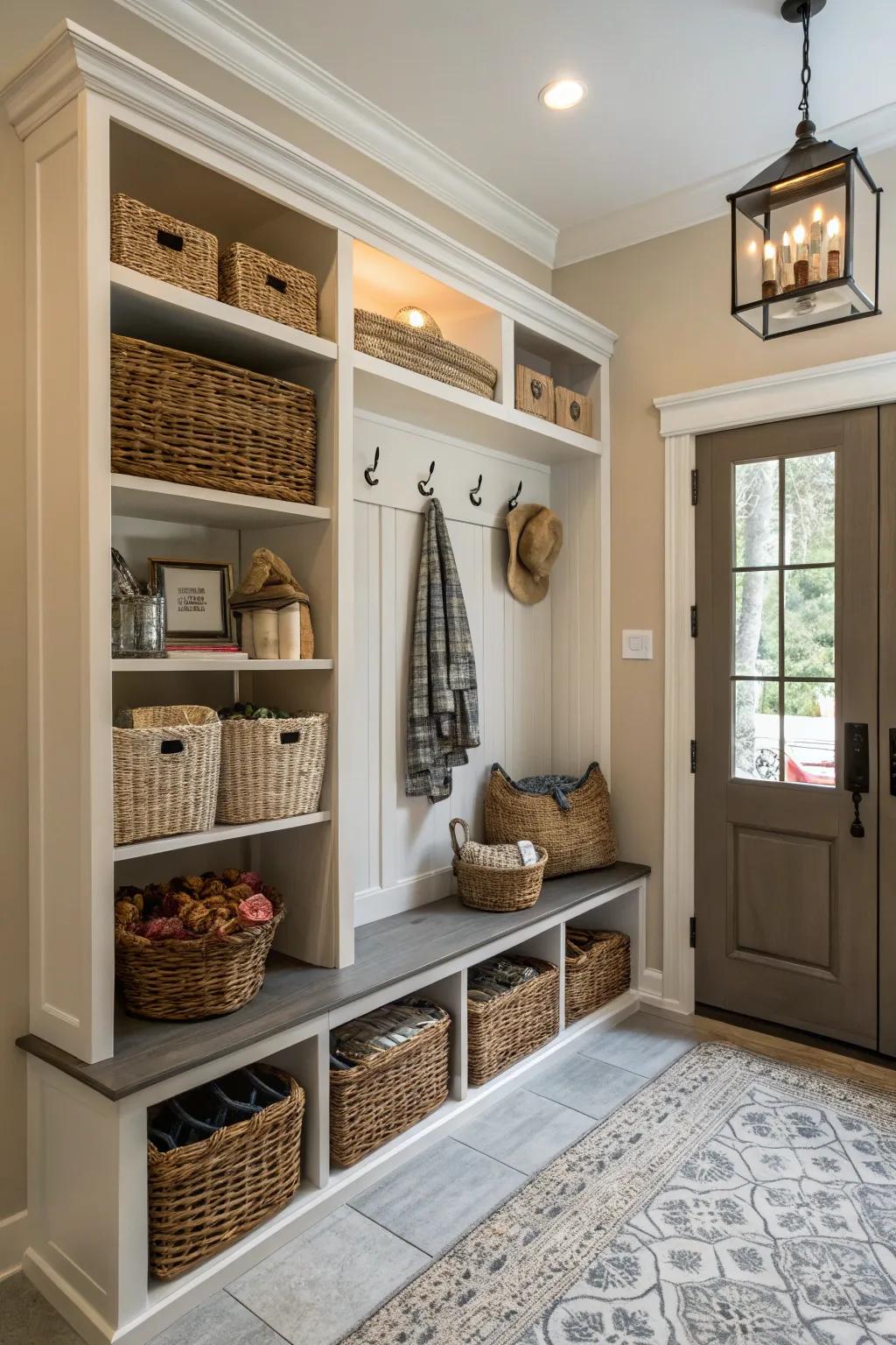 Stylish storage solutions help keep the entryway organized and clutter-free.