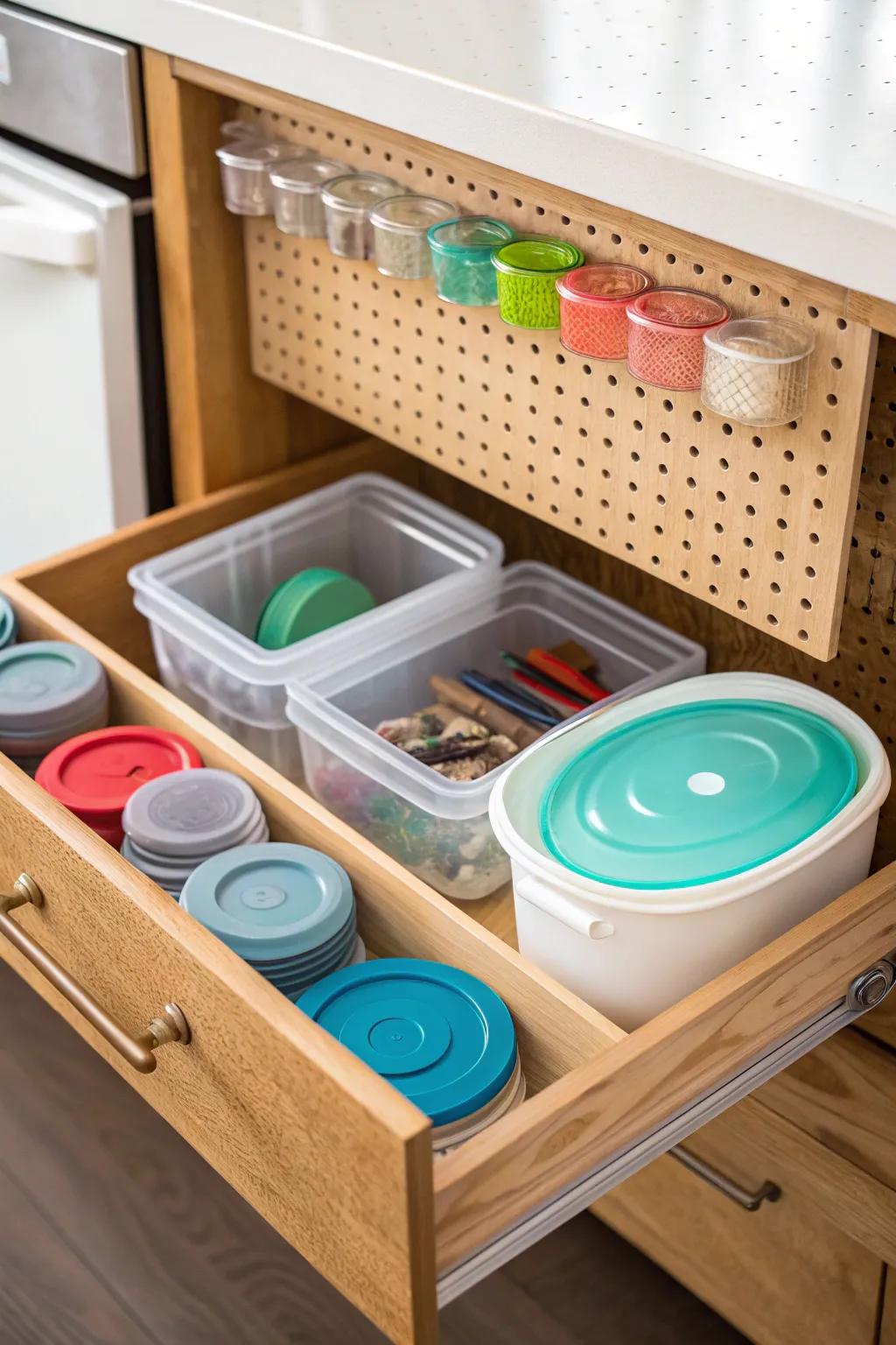 Drawer with pegboard keeping plastic containers organized.