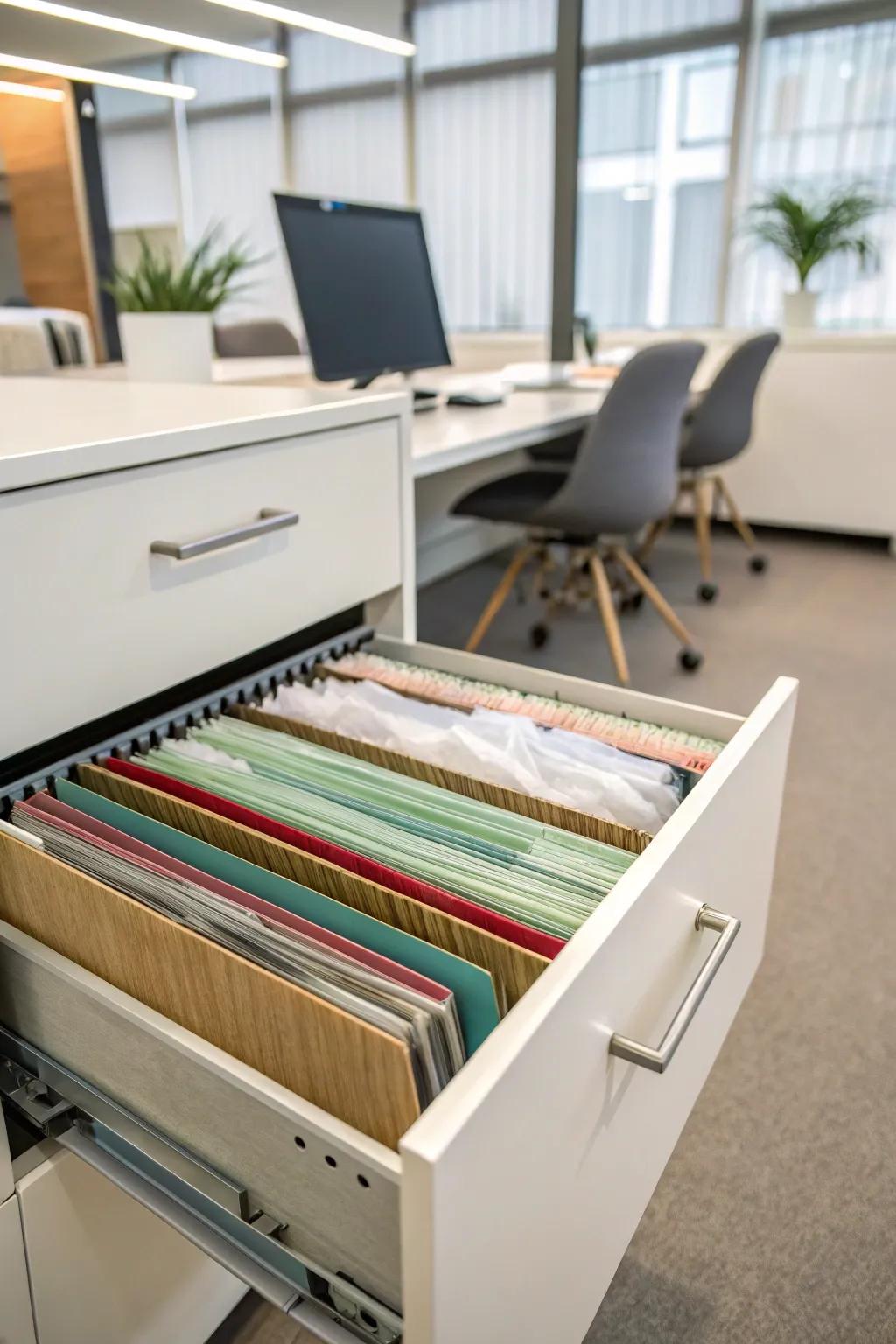 Hanging file folders keep tissue paper organized and flat.