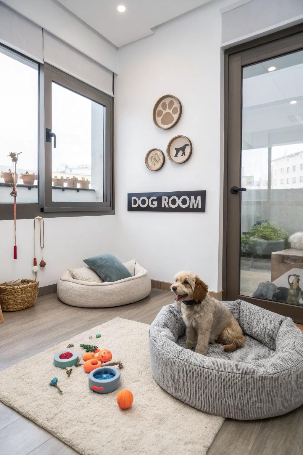 Personalized decor for a unique and inviting dog space.