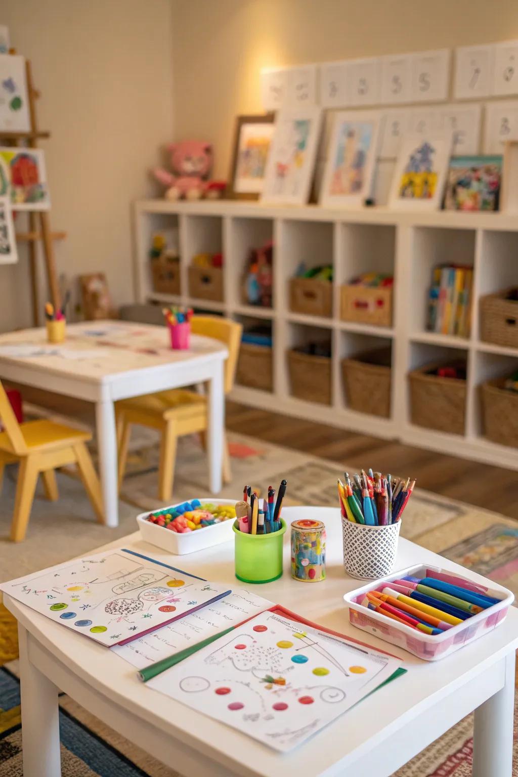 A creative corner encourages artistic exploration.