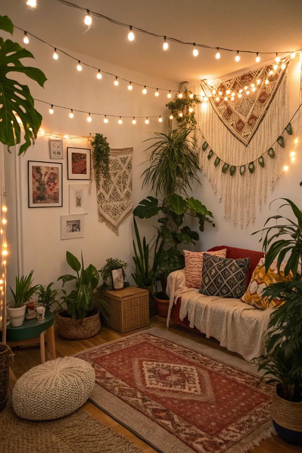 Achieve a bohemian vibe with string lights, plants, and eclectic decor.