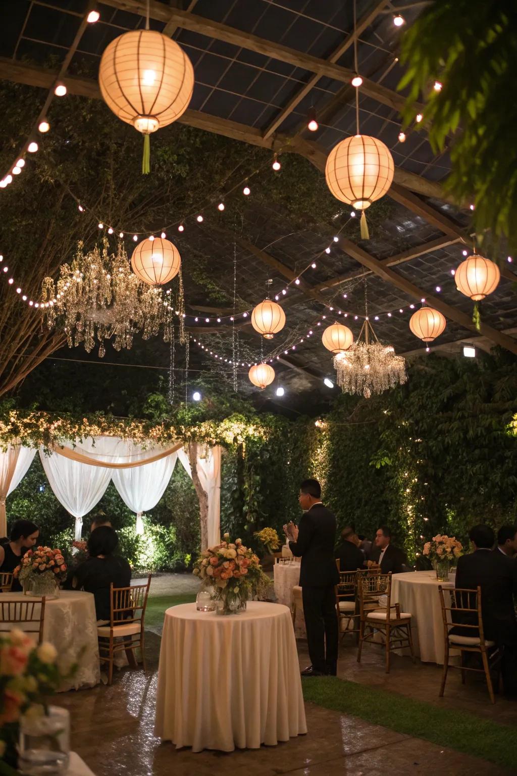 Cluster lights providing a warm and cozy wedding atmosphere.