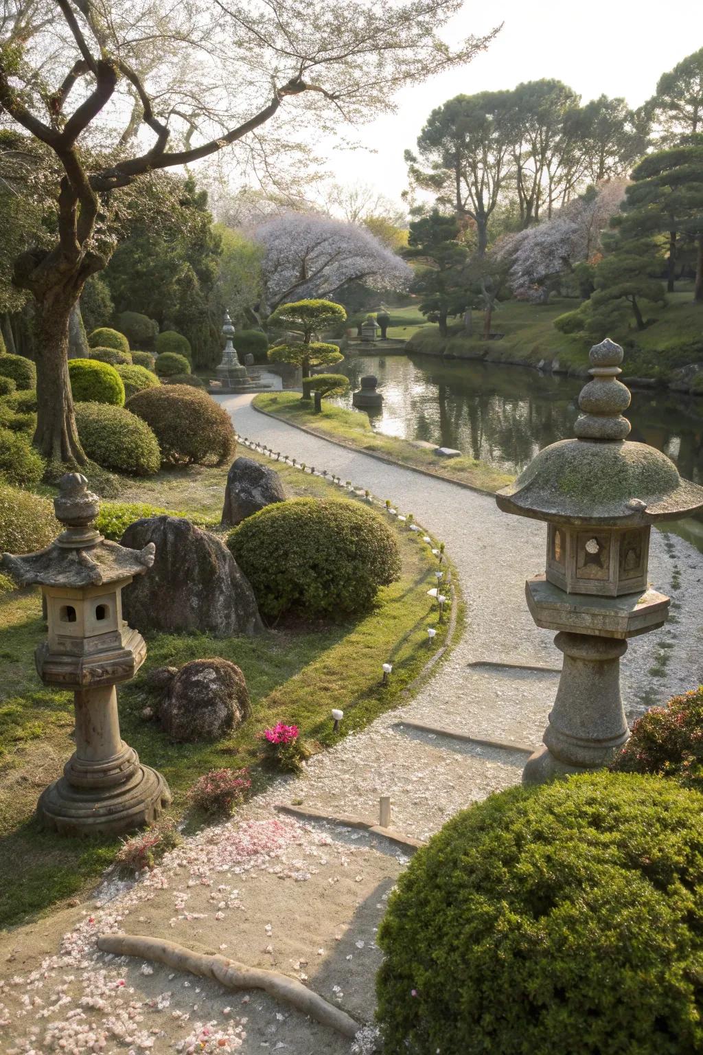 Stone sculptures and ornaments in a Japanese garden.