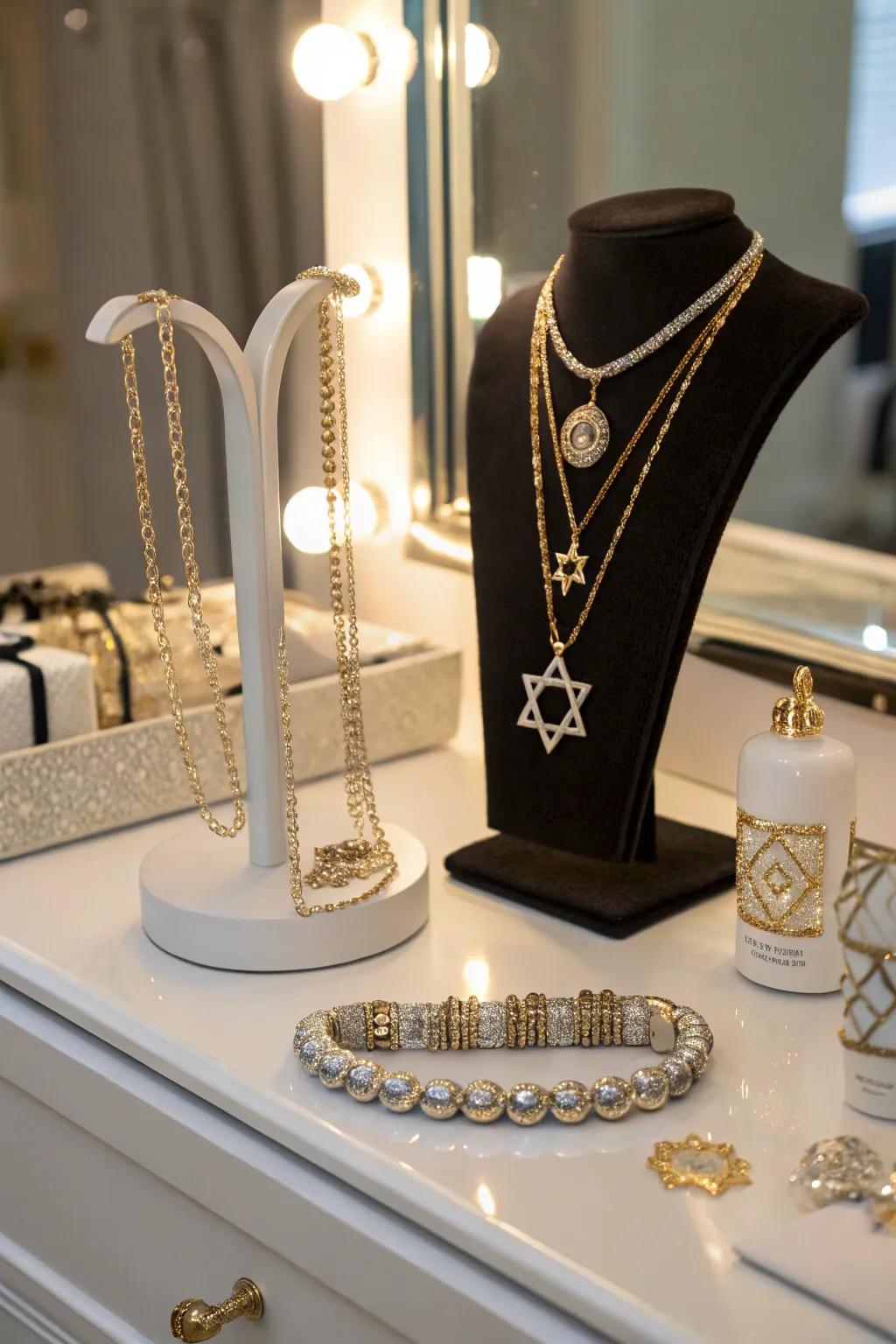 Jewish jewelry elegantly displayed on a chic vanity.