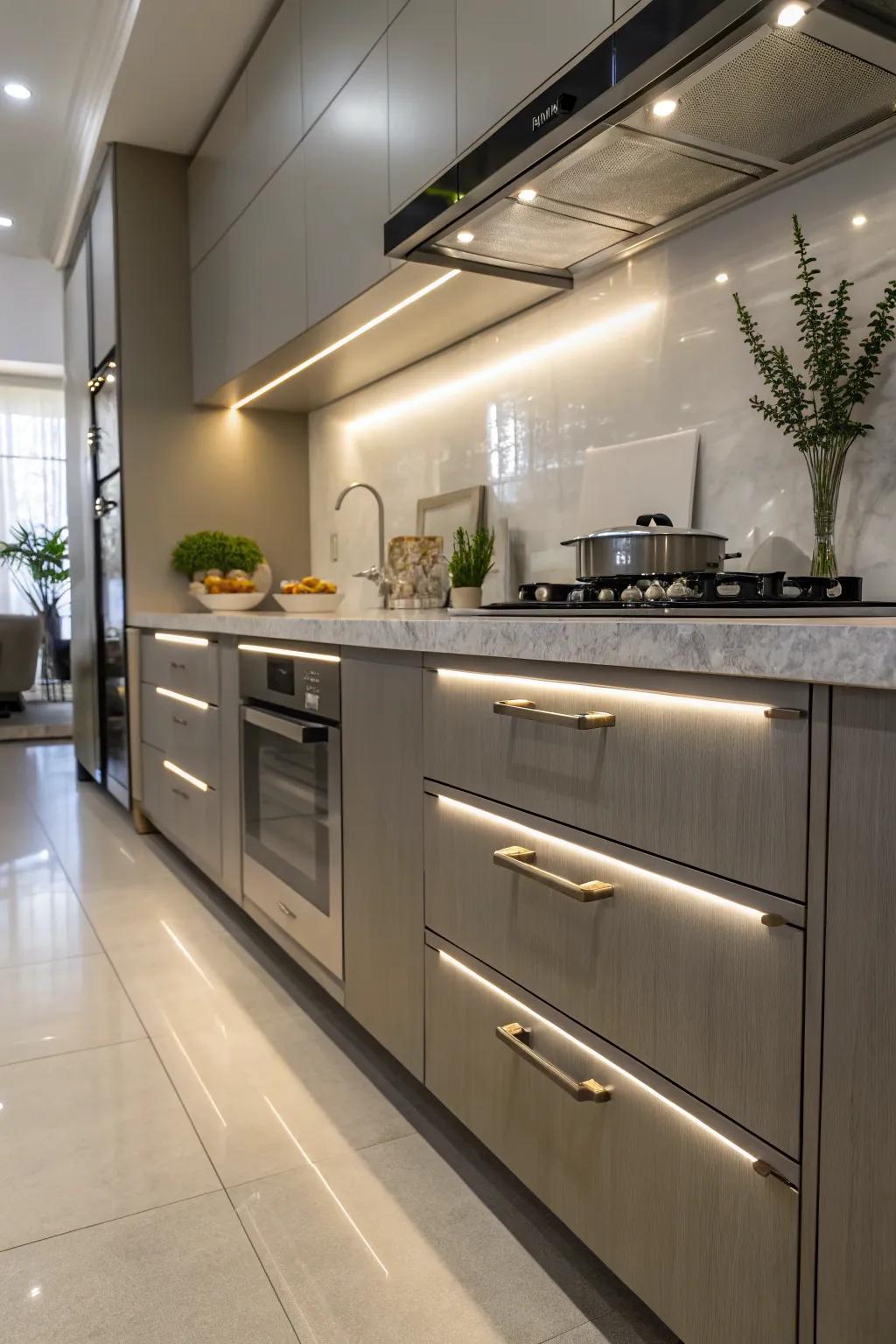 Integrated LED lighting in kitchen hardware for enhanced visibility.