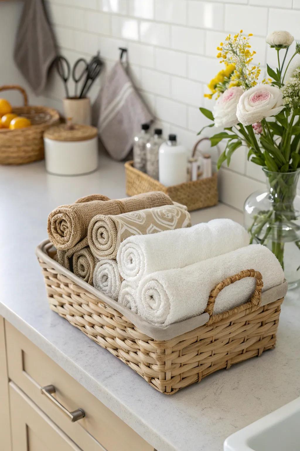 Keep towels organized and stylish with a basket display.
