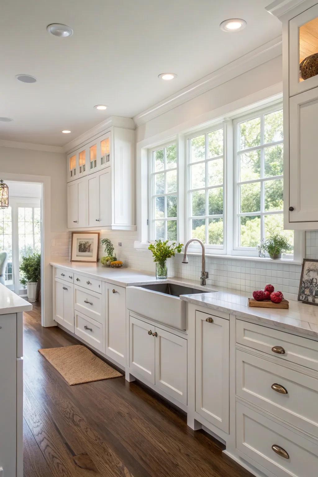 Neutral colors enhance the kitchen's spaciousness and brightness.