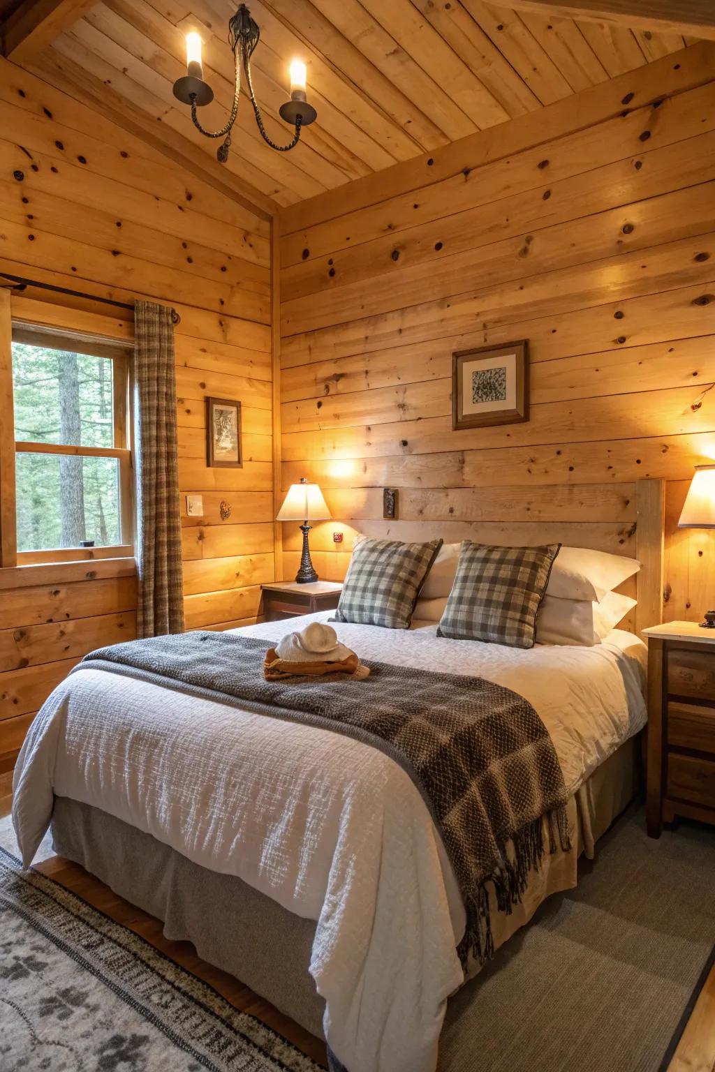 A cozy cabin bedroom with plush bedding and knotty pine charm.