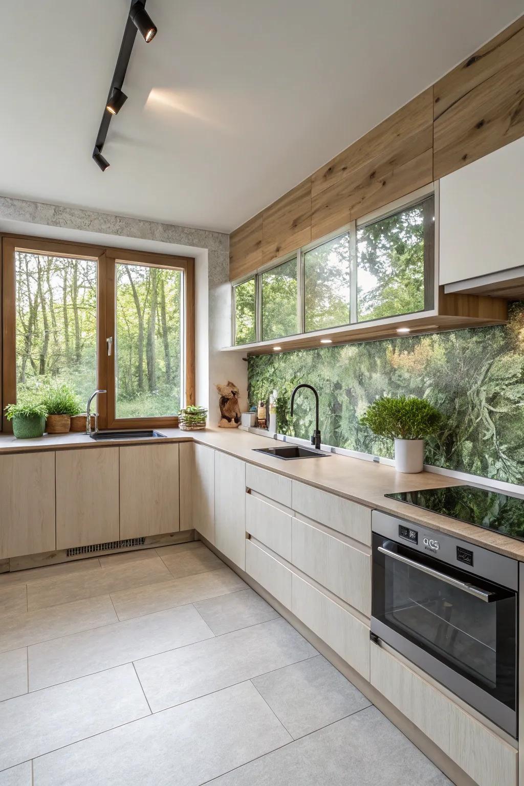 Eco-friendly laminate backsplash for a sustainable kitchen.