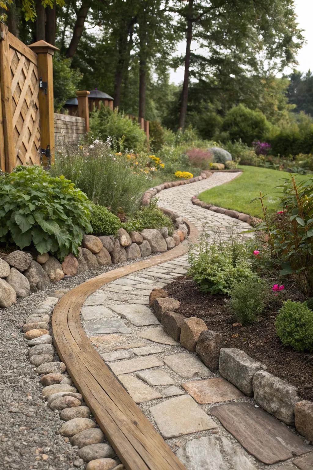 Mixing materials adds texture and visual interest to your garden edging.