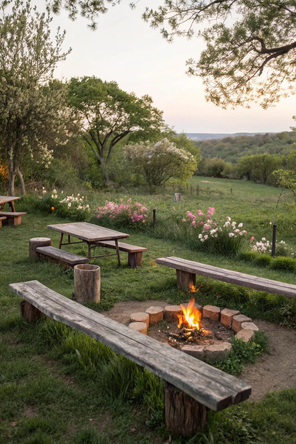 Timber benches offer a rustic seating solution for outdoor gatherings.