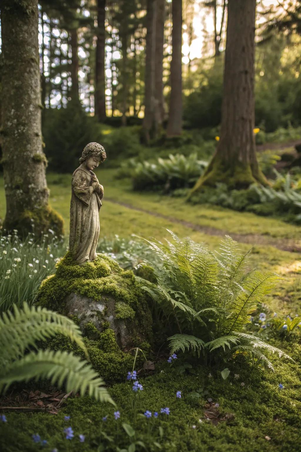 A whimsical garden statue nestled in the woods.