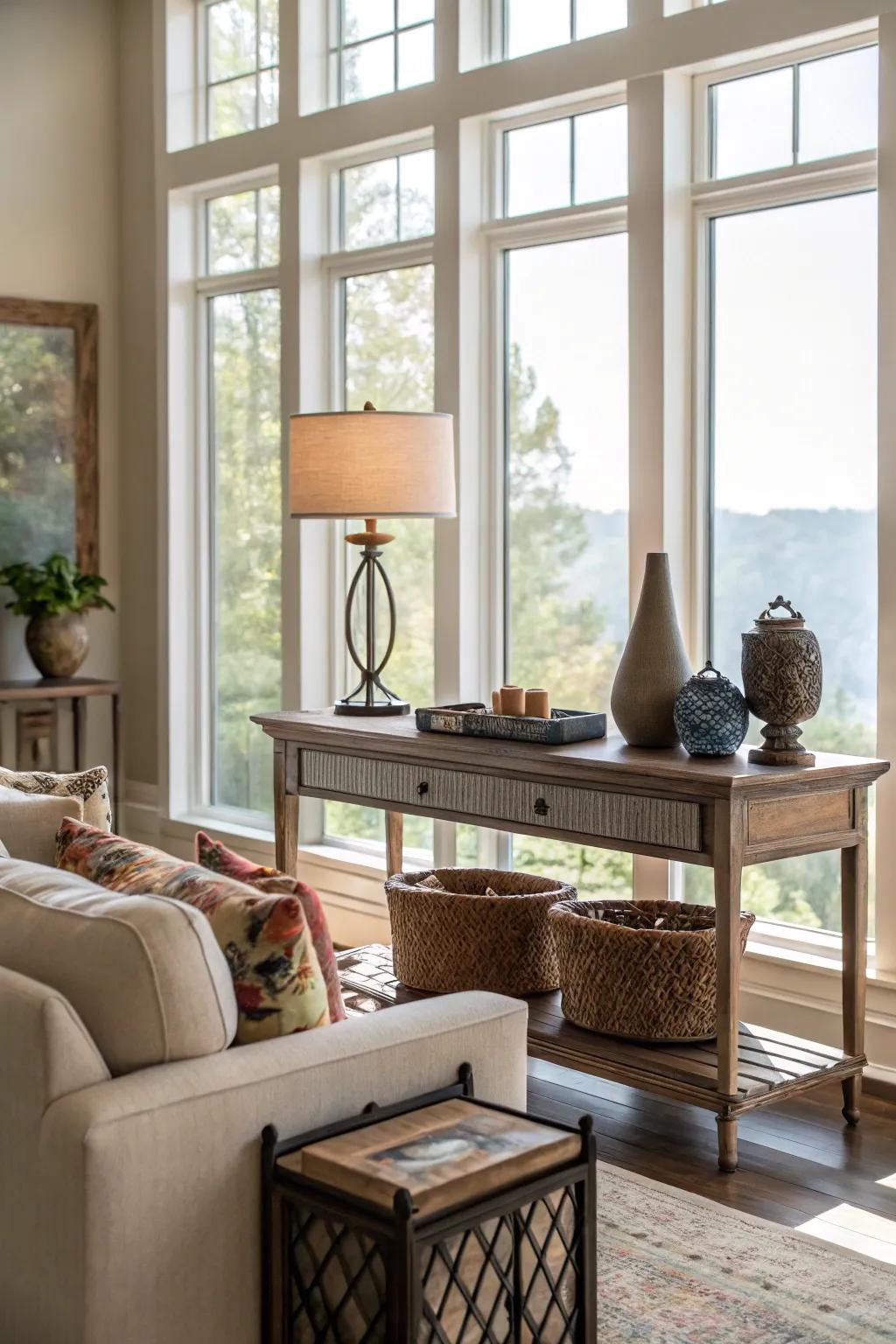 A chic console table that adds functionality and style to the window area.