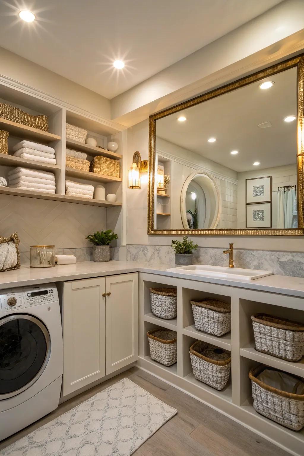 Complementary decor elements enhance the lighting in your laundry room.