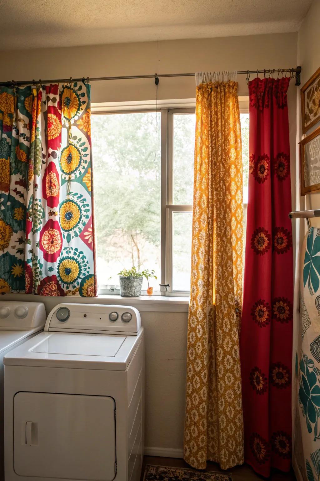 Patterned curtains create an eye-catching focal point.