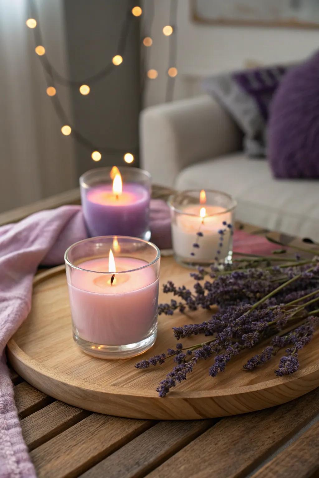 Relaxing ambiance with lavender-scented candles.