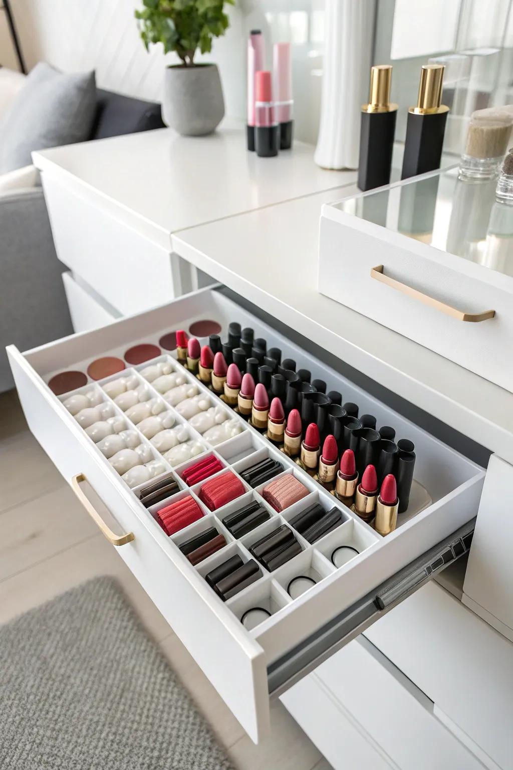 Innovative and practical, ice cube trays keep lipsticks organized.