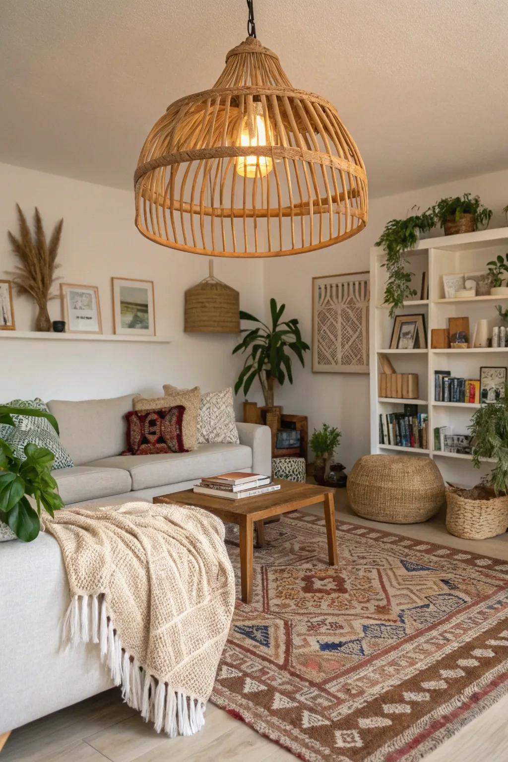 Rattan fixtures enhance boho vibes with ease.