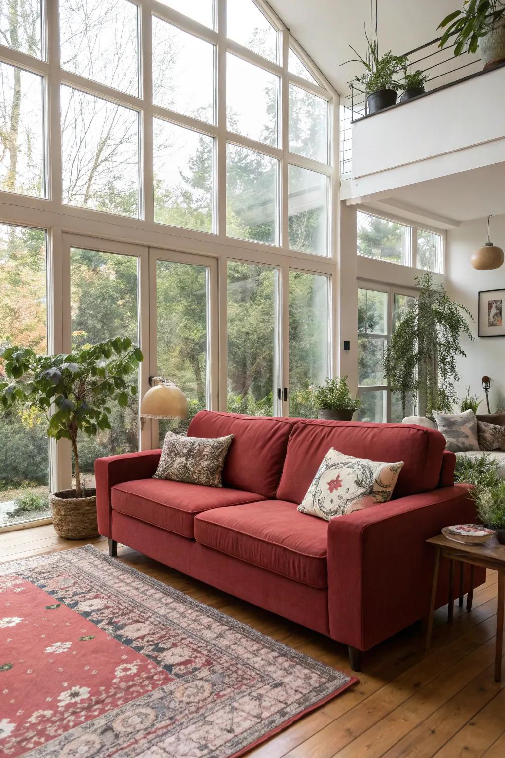 Natural light enhances the vibrant appeal of a red couch, creating an open and welcoming space.