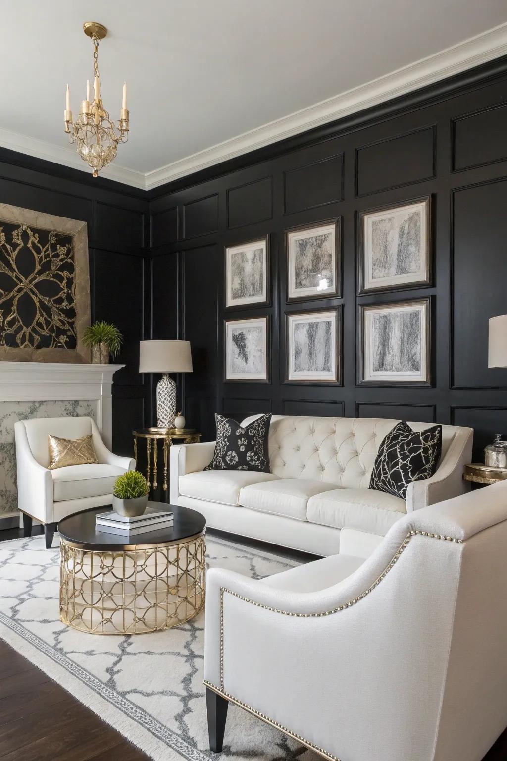 A black accent wall adds sophistication and contrast.