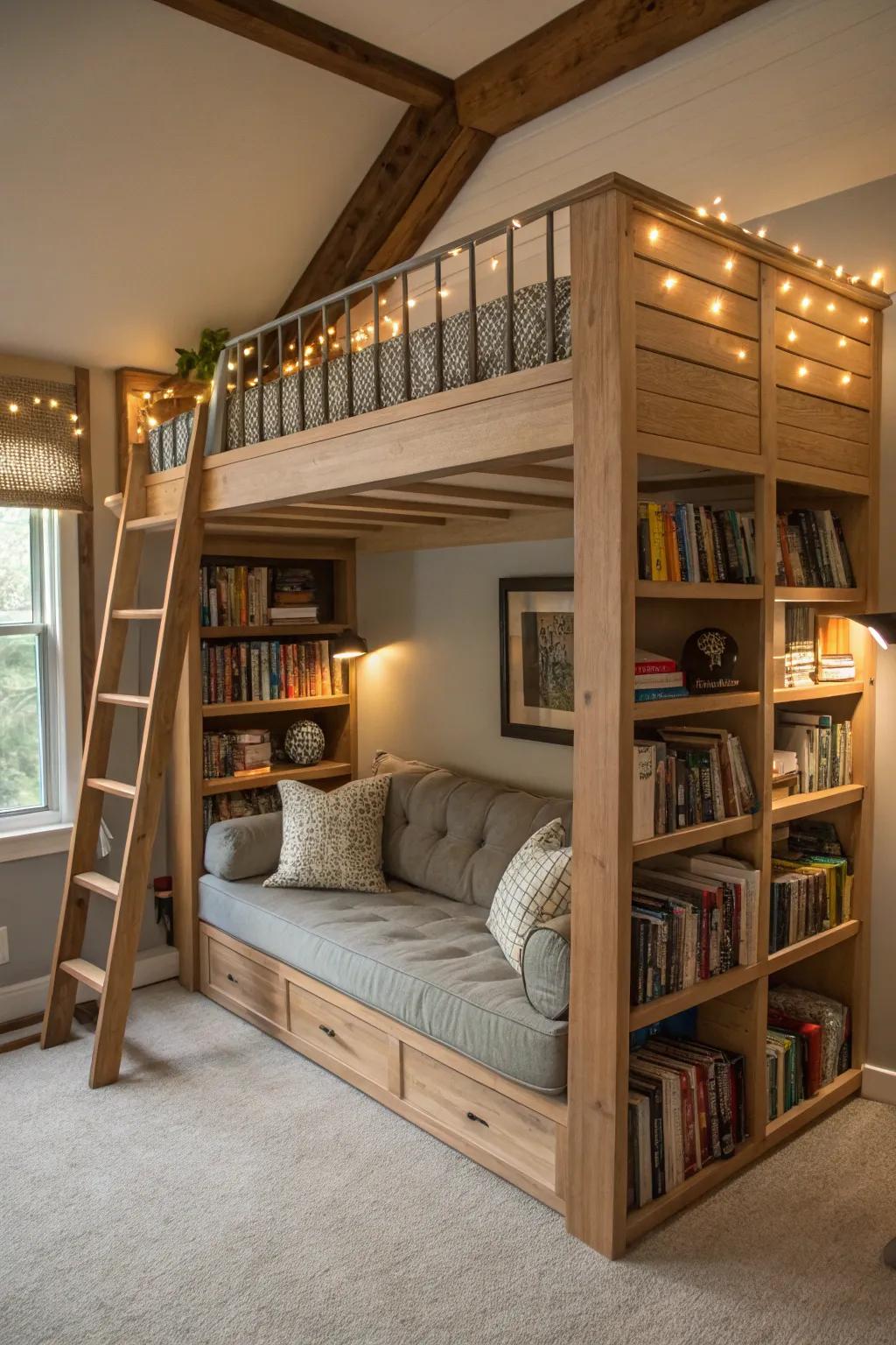 A loft bed with a reading nook is perfect for book lovers seeking a cozy escape.