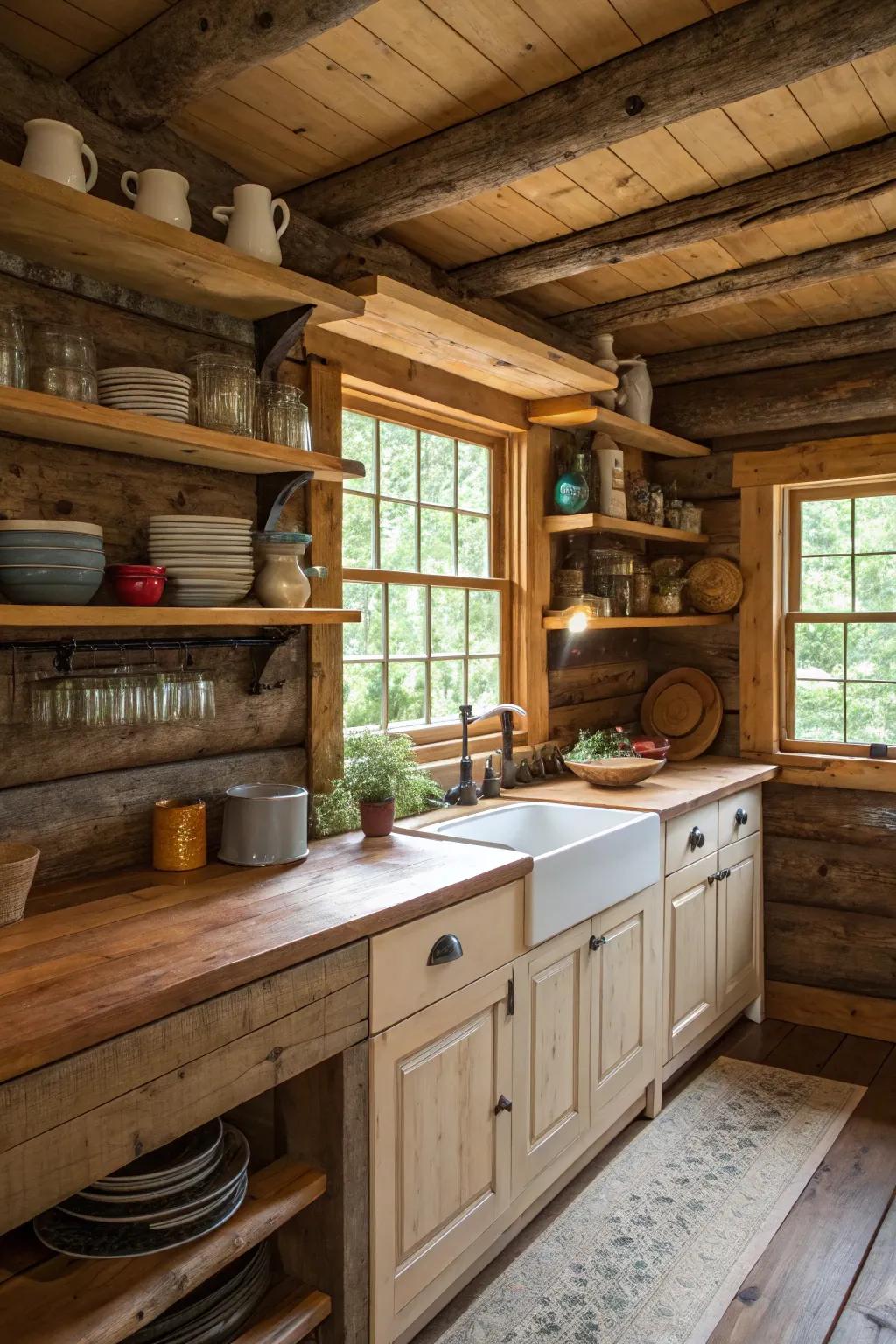 Open shelving showcasing rustic dishware in a log cabin kitchen.