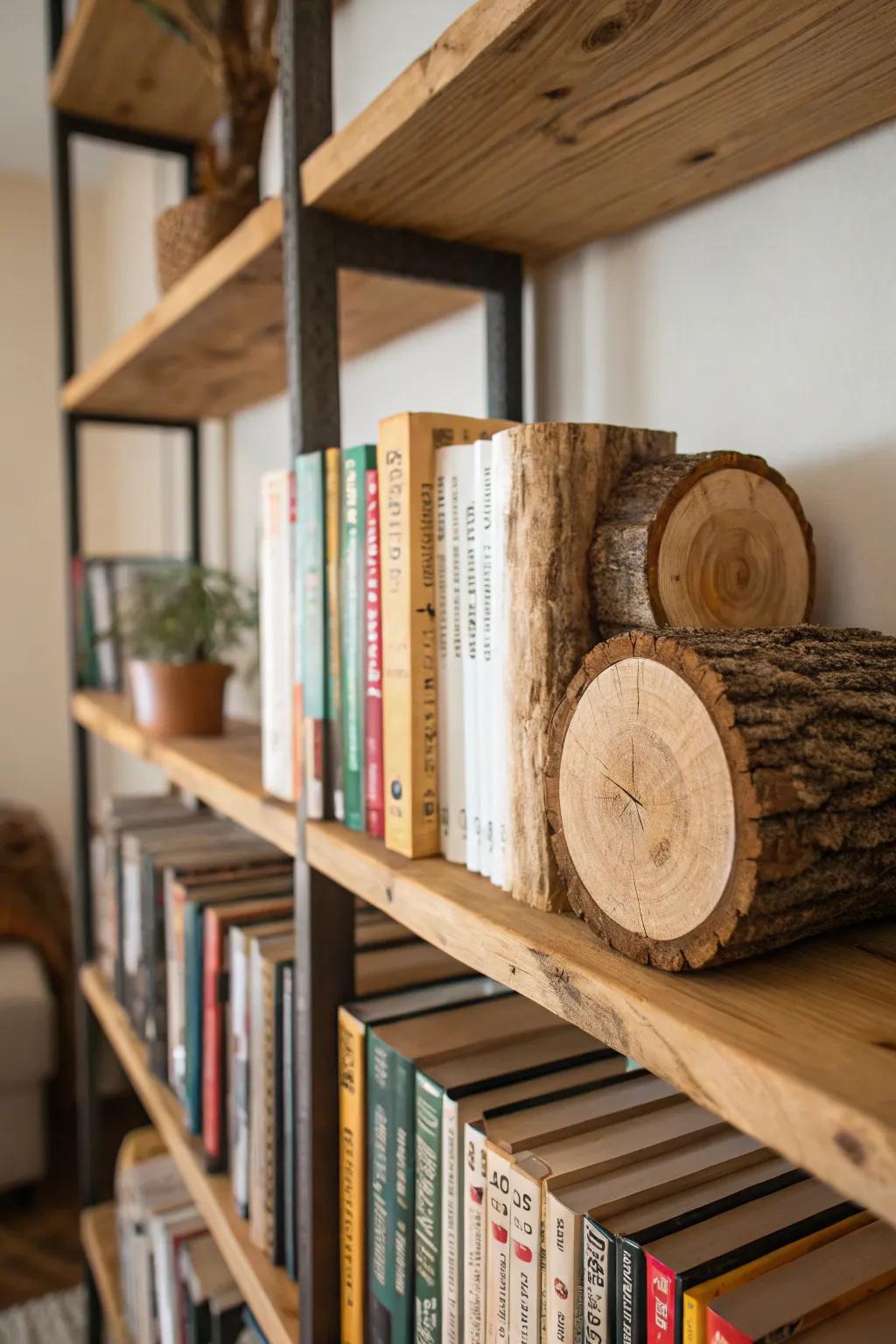 Logs used as natural bookends on a bookshelf.