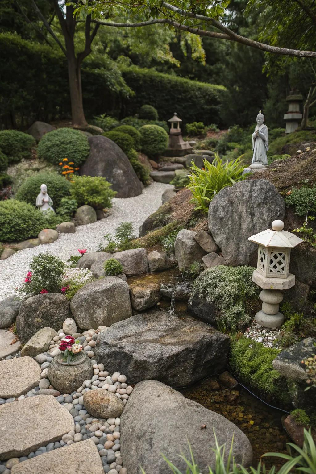 Garden ornaments add personality to a rock garden.