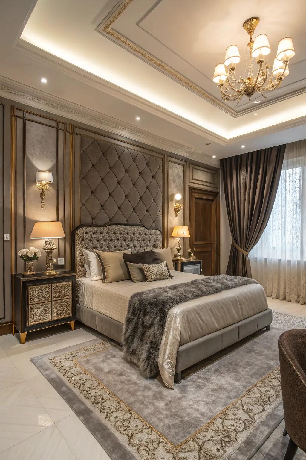 A luxurious bedroom with a fusion of modern and classic design elements.