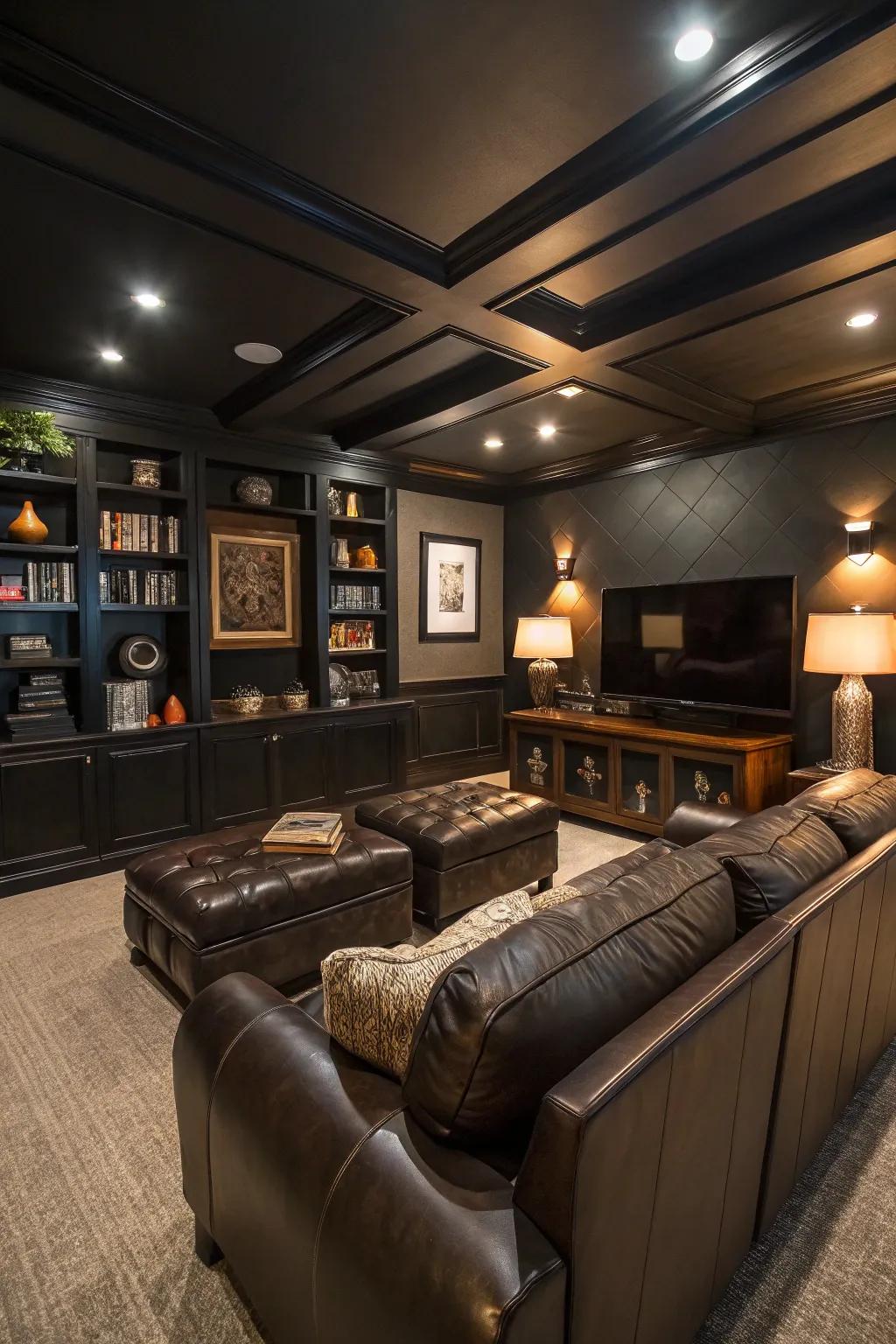 Dark color schemes create a cozy atmosphere in this man cave.