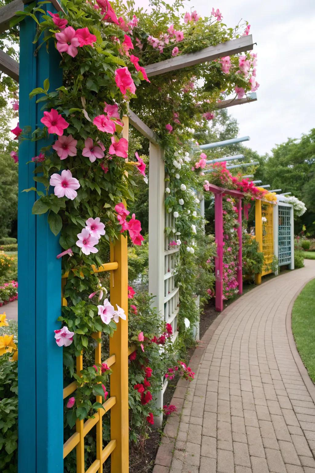 Colorful trellis panels provide an artistic backdrop for mandevilla blooms.