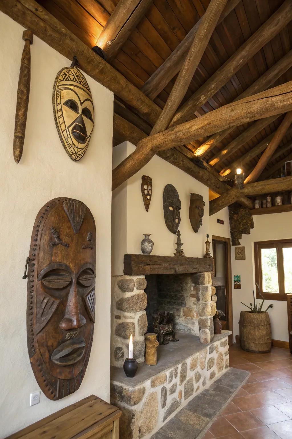 Natural textures in masks add warmth to a rustic setting.