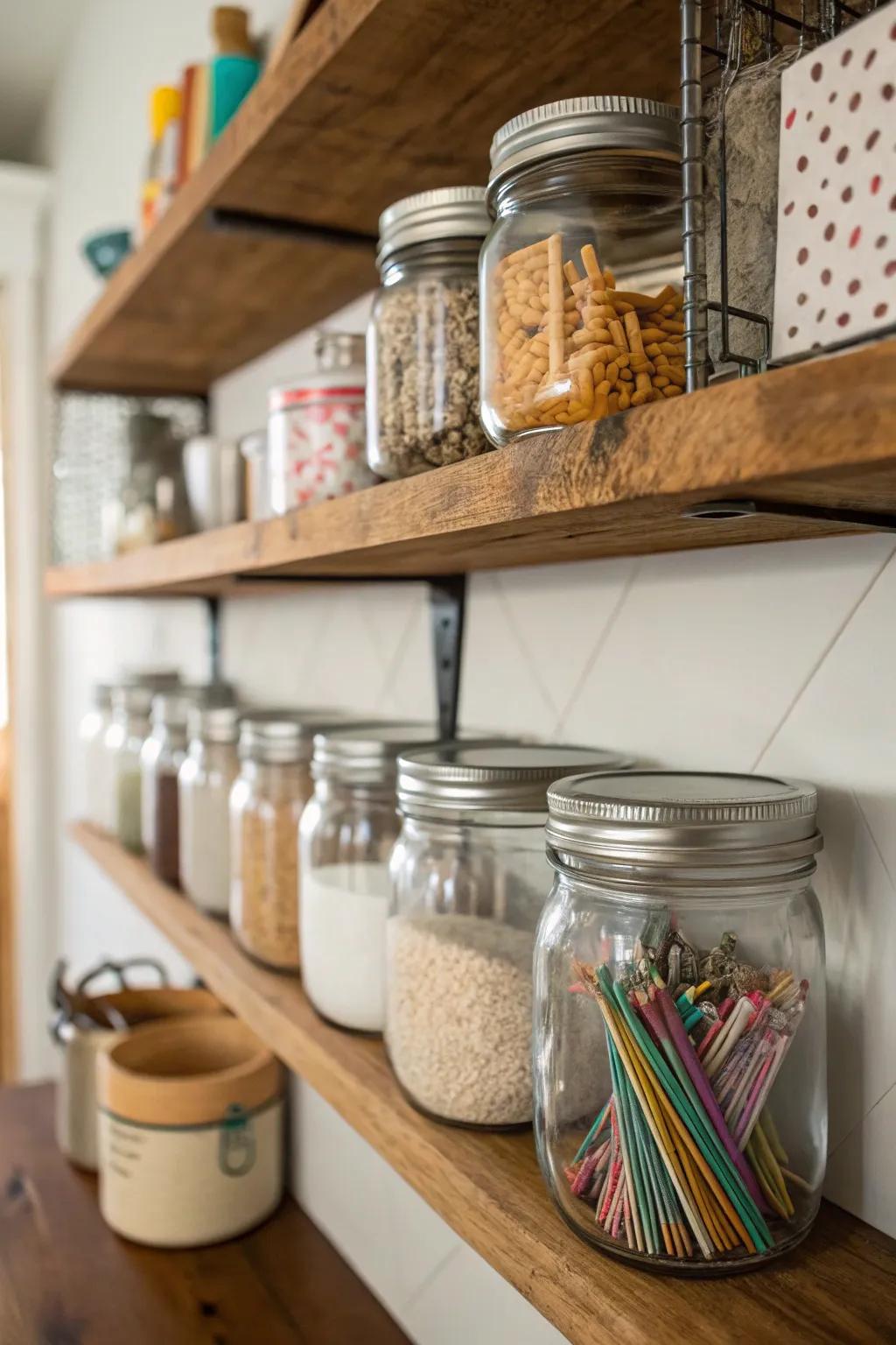 Organize with style using mason jars for storage.