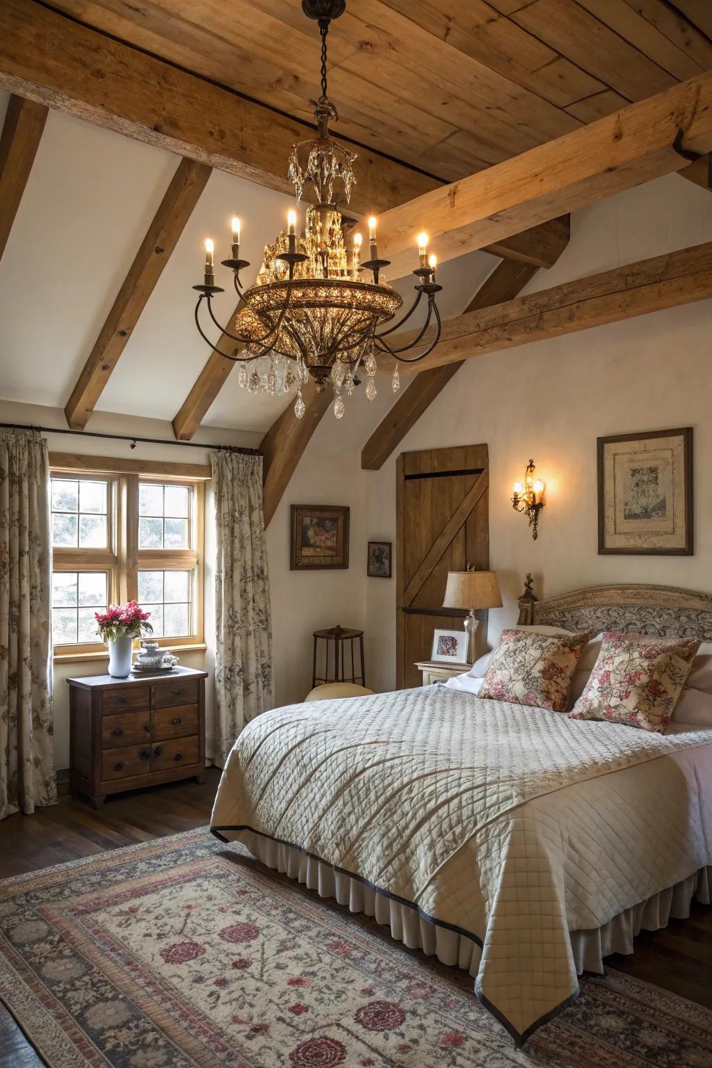 Warm and elegant rustic lighting in a farmhouse bedroom