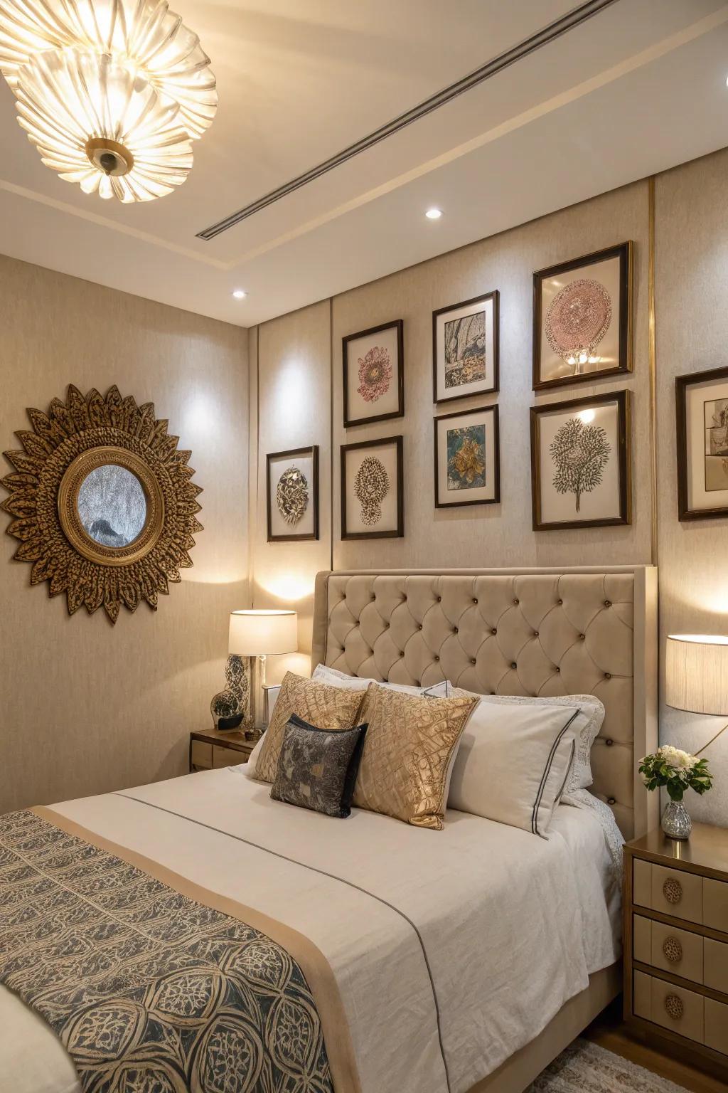 Decorative accents like art and mirrors add a personal touch to your headboard wall.