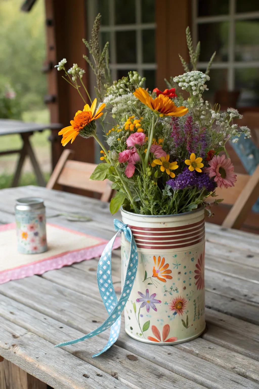 A charming vintage-inspired May basket made from a tin can.