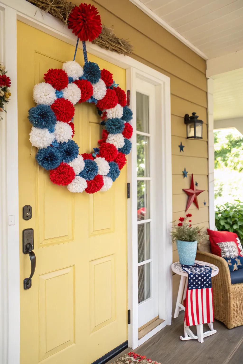 A fun and whimsical pom-pom wreath in patriotic colors.