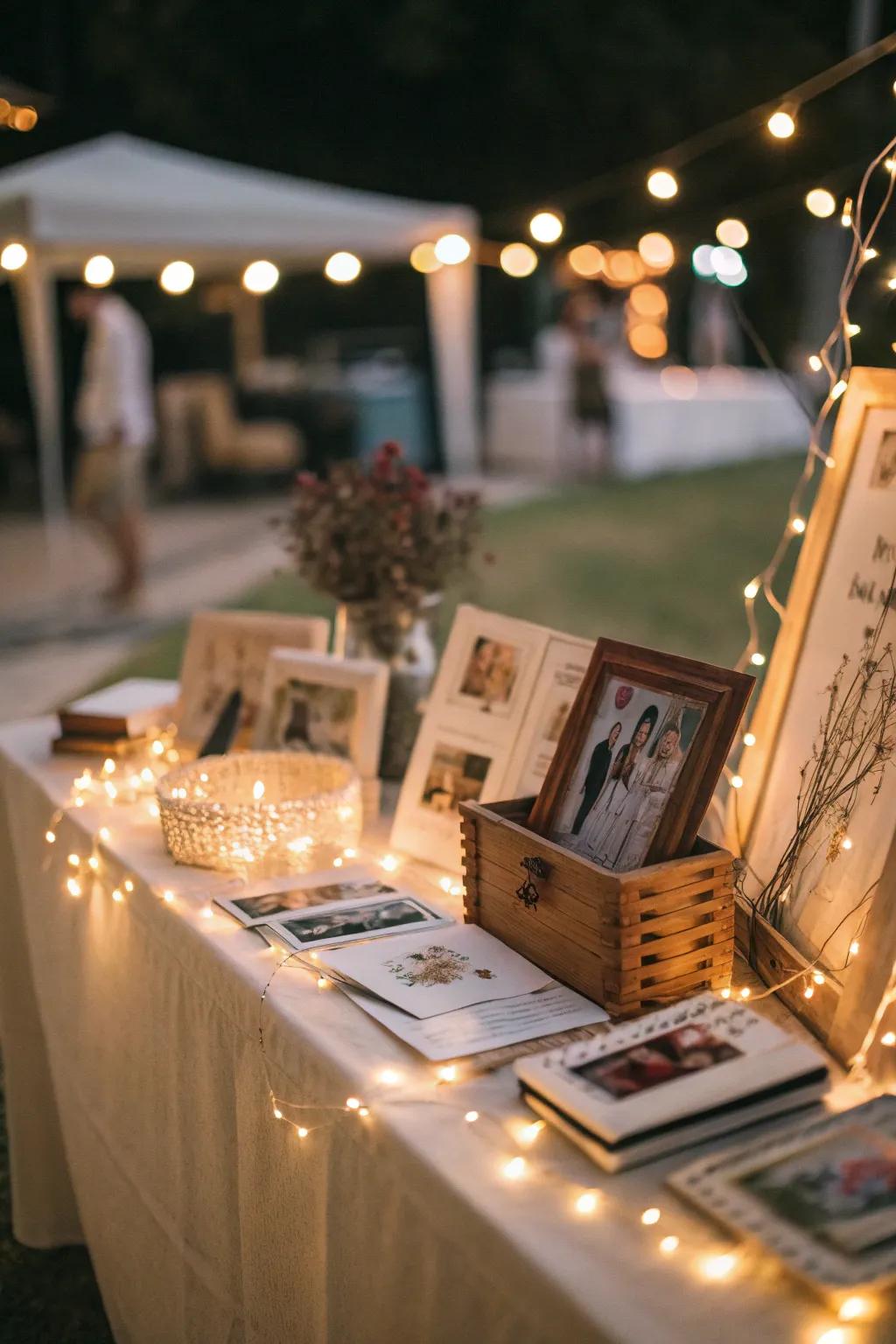 Fairy lights add a twinkling magic to the memory table setting.