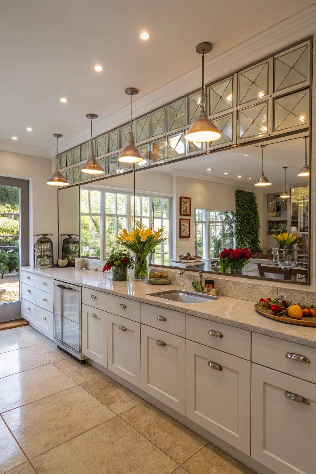 Mirrors reflecting light to brighten and illuminate the kitchen.