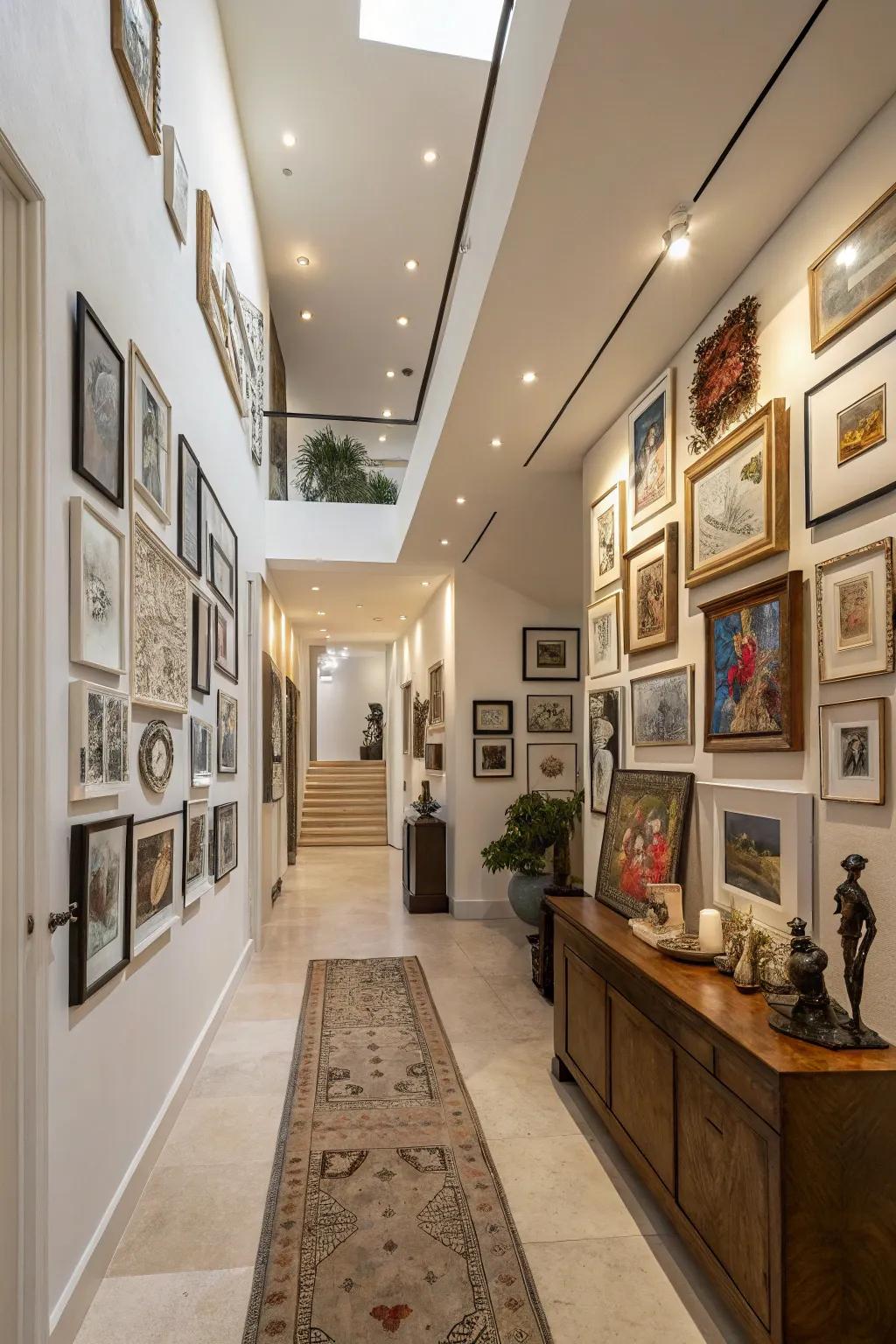An extended gallery wall creates a dynamic visual experience.