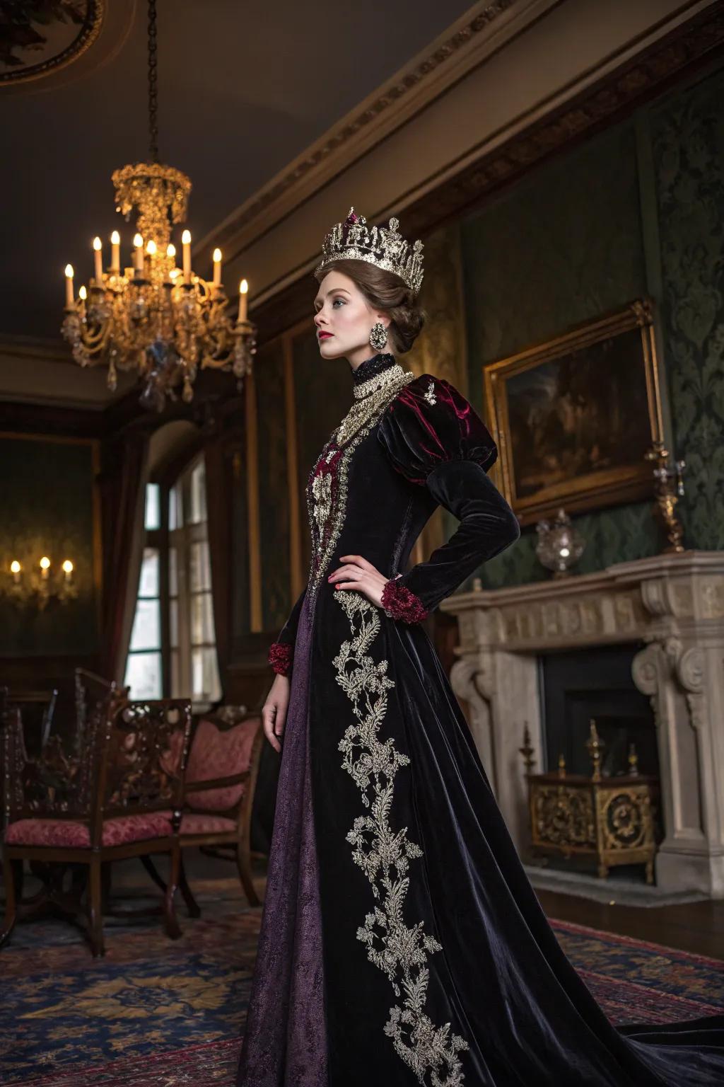 A regal and gothic-inspired costume with rich textures.