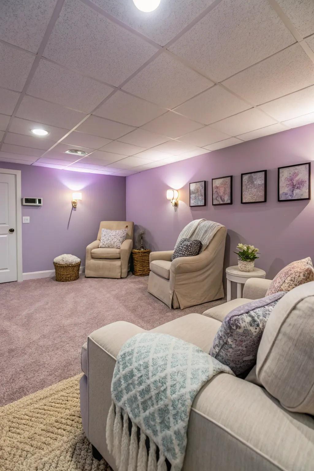 Soft lavender offers a serene and soothing basement ambiance.