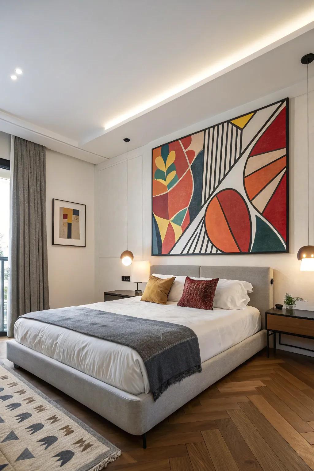 Artwork adds personality and depth to your bed wall.