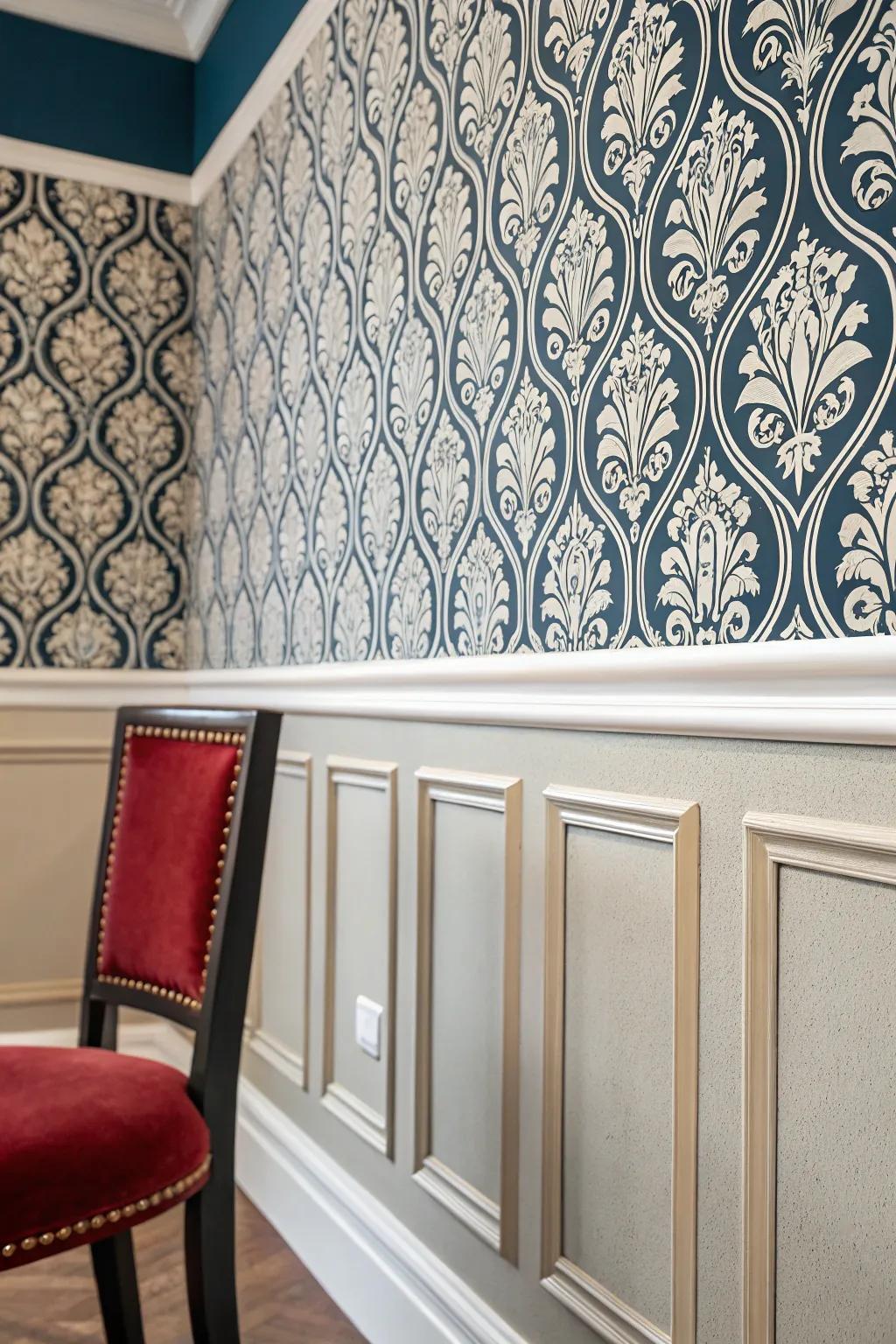 Wallpaper and chair rail combinations for elegant designs.