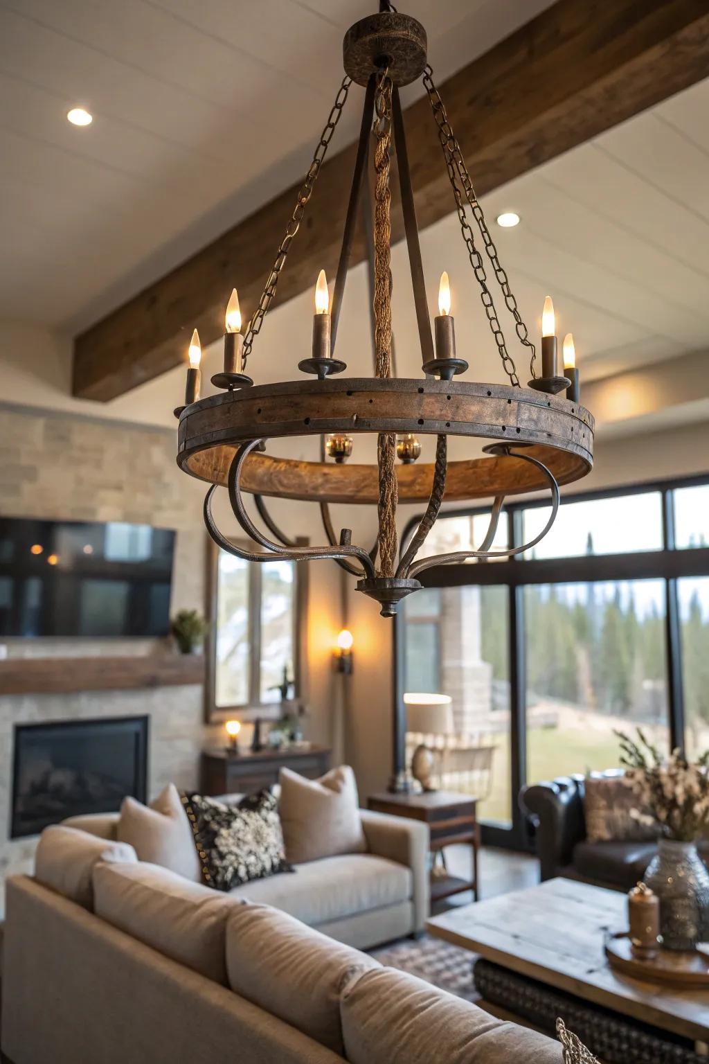 Modern lighting fixtures with rustic touches blend contemporary and farmhouse styles.