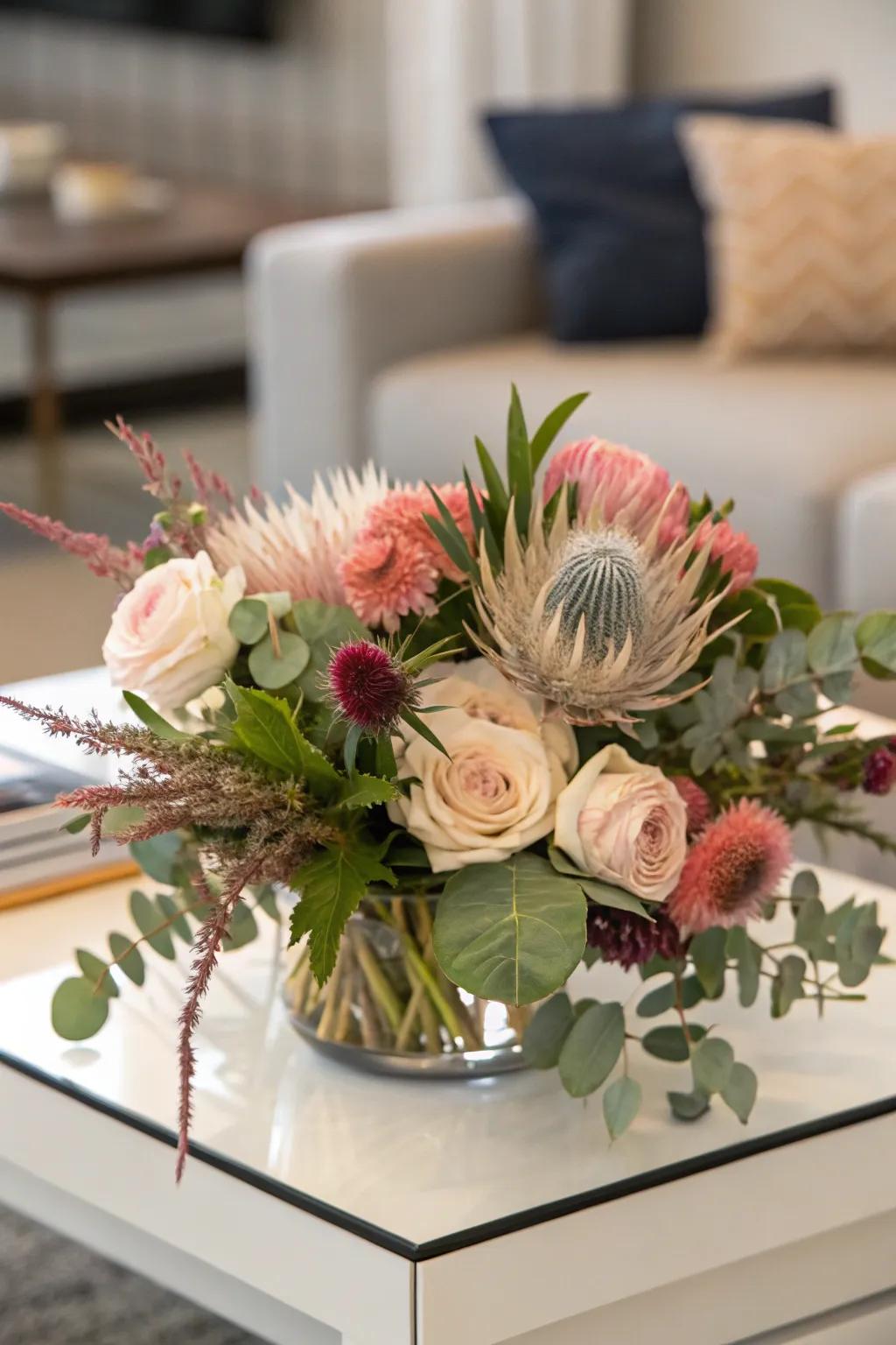 A flower arrangement with contrasting textures for a dynamic look.