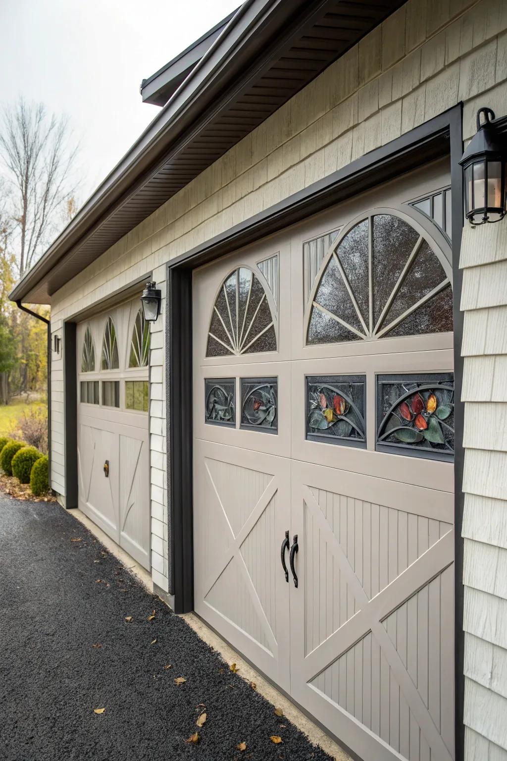 Unique window shapes add architectural interest to garage doors.