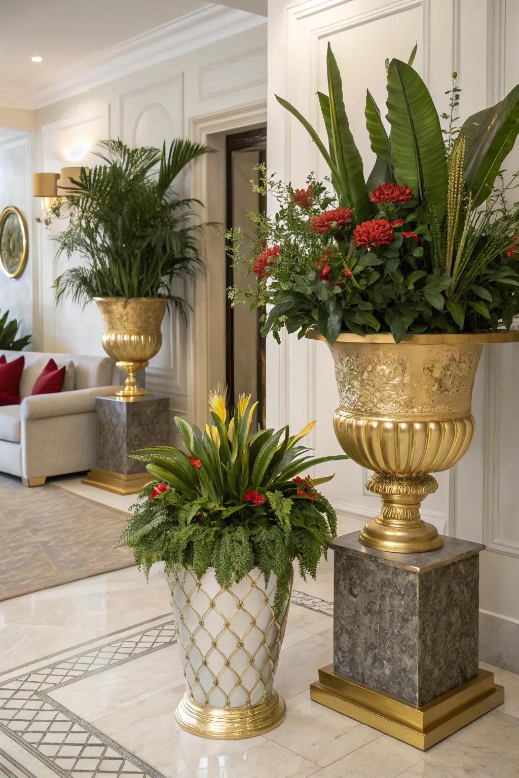 Nature meets luxury with plants in metallic planters.